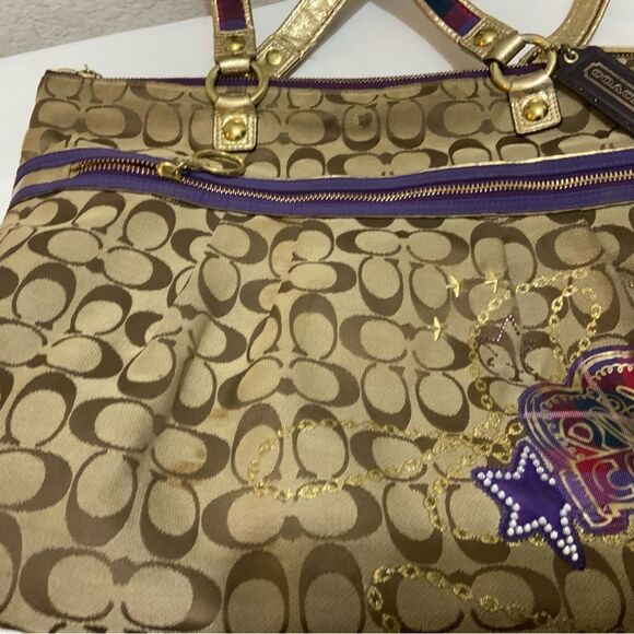 Coach Poppy Tartan Plaid Glam 15882 Shoulder Handbag Tote - Tan Purple Gold - Picture 11 of 16